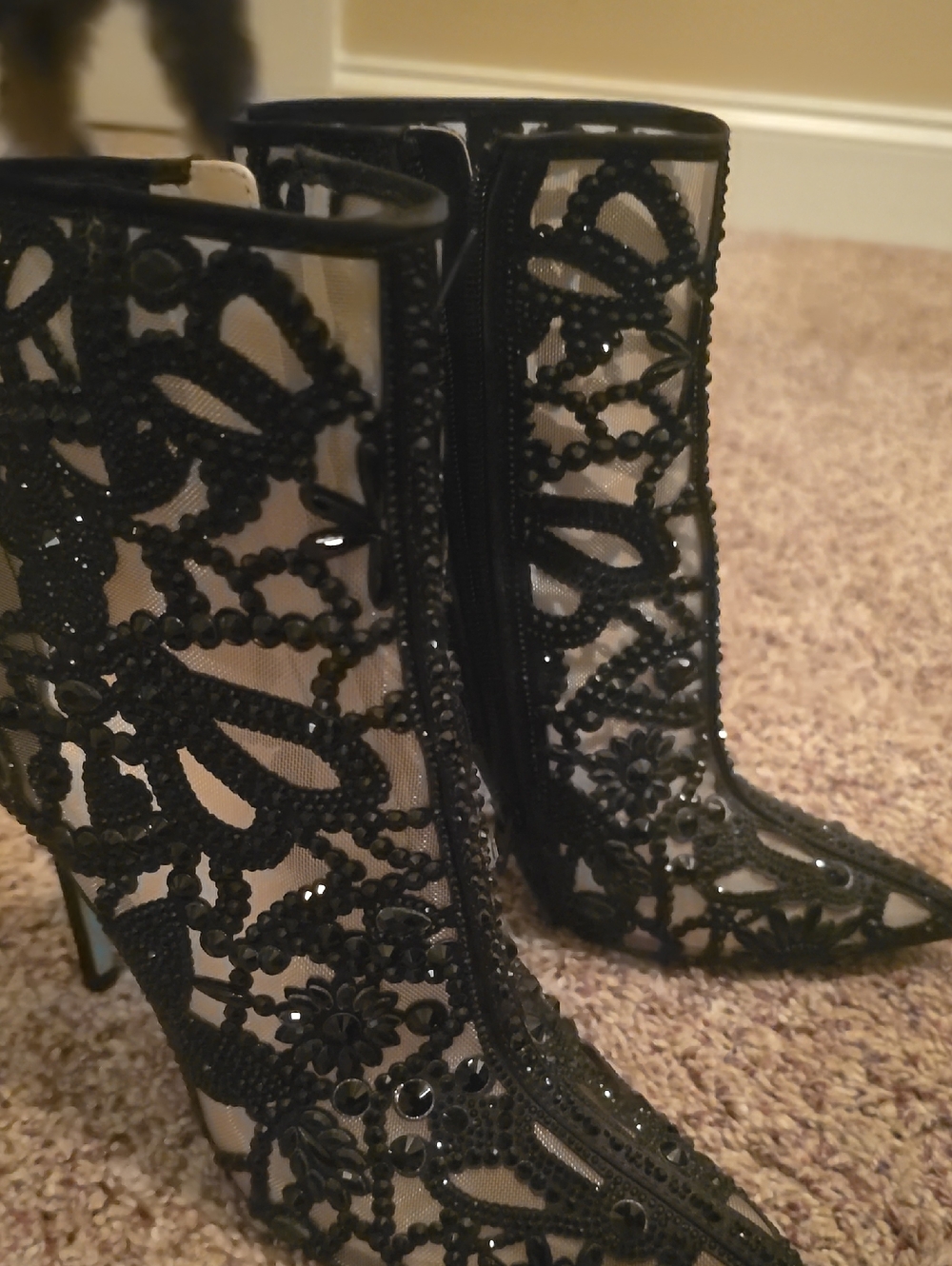 Betsey Johnson Black Lace Embellished Mesh High-Heel Boots